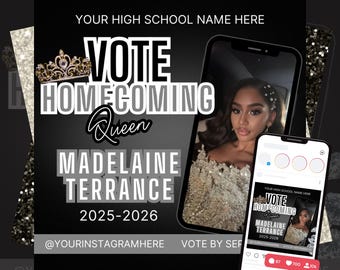 Homecoming Queen Flyer Template, Editable HOCO Queen Poster, Vote for Me Social Media Post, Printable Flyer Template for Canva,