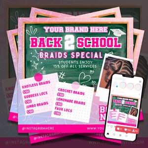 Back to School Braids Flyer, School Bookings Available, Appointment Flyer, Sale Calendar Flyer, Hair, Nails, Makeup Lashes Braids Wigs