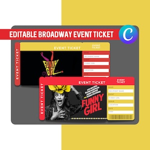 Bearbeitbares Theater Event Ticket Lustiges Mädchen am Broadway Printable Ticket Vorlage Überraschungseinladung Theatertickets Musical Event Ticket