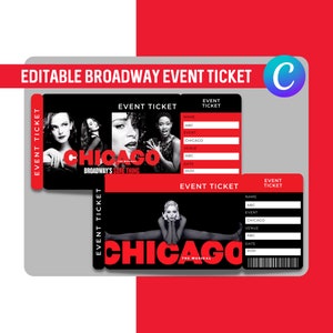 Bearbeitbares Theater Event Ticket Chicago Broadway Printable Ticket Vorlage Überraschungseinladung Theatertickets Musical Event Ticket