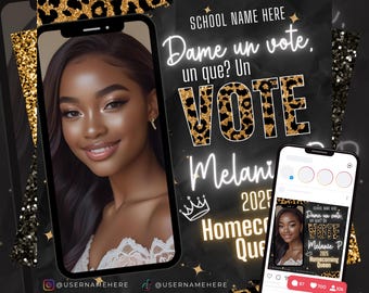 May include: A promotional graphic for a Homecoming Queen candidate, featuring a portrait of a young woman. The design includes leopard print accents, the words "VOTE Melanie 2025 Homecoming Queen," and social media handles.