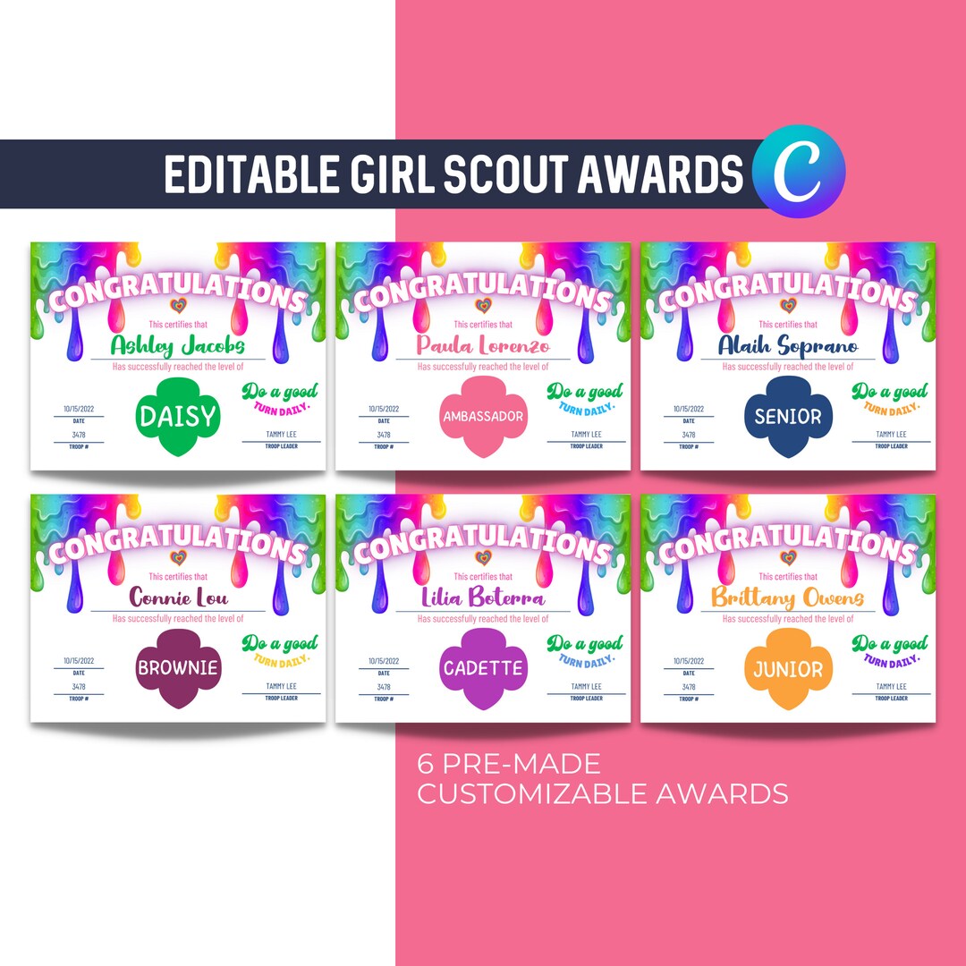 Girl Scout Rank Achievement Editable Certificate Award Bundle Etsy