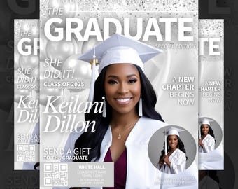 May include: A graduation announcement with a silver and white background. The announcement features a photo of a graduate wearing a cap and gown, and the text "She Did It! Class of 2025" in white. The announcement also includes the graduate's name, Keilani Dillon, and the text "A New Chapter Begins Now".