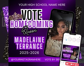 Homecoming Queen Flyer Template, Editable HOCO Queen Poster, Vote for Me Social Media Post, Printable Flyer Template for Canva,
