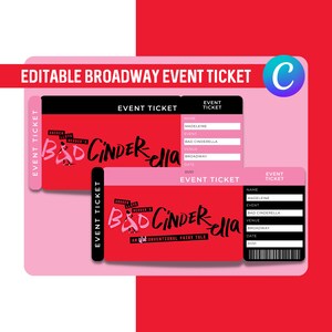 Pode incluir: Modelo de bilhete de evento de Broadway editável com fundo rosa e vermelho. O bilhete apresenta o título "Bad Cinderella" com o texto "An Unconventional Fairy Tale" abaixo. O bilhete tem campos para o nome, o evento, o local, a data e um código de barras.