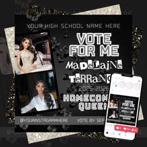 Homecoming Queen Flyer Template, Editable HOCO Queen Poster, Vote for Me Social Media Post, Printable Flyer Template for Canva,