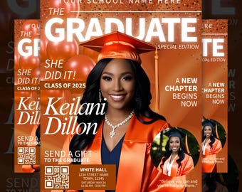 May include: A graduation announcement for Keilani Dillon, Class of 2025. The announcement features a photo of Keilani in a cap and gown, with a red and orange background. The text "The Graduate" is printed in large white letters at the top of the announcement. The announcement also includes the text "She Did It!" and "A New Chapter Begins Now".