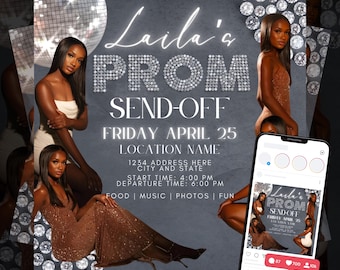 May include: A silver and black invitation with a sparkly diamond design. The invitation says "Laila's Prom Send-Off" with the date "Friday April 25". The invitation also includes the location name, address, start time, departure time, and a list of activities: food, music, photos, and fun.