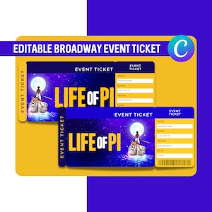 Bearbeitbares Theater-Veranstaltungskarte Leben von Pi Broadway Printable Ticket Template Überraschungs-Einladung Theatertickets Musical-Event-Karte