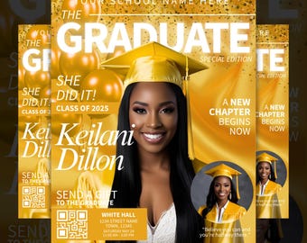 May include: A graduation announcement with a gold and yellow background. The announcement features a photo of a young woman wearing a graduation cap and gown. The text on the announcement reads "The Graduate" and "She Did It! Class of 2025".