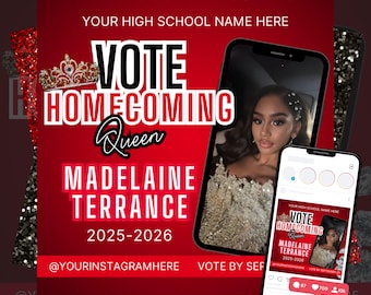 Homecoming Queen Flyer Template, Editable HOCO Queen Poster, Vote for Me Social Media Post, Printable Flyer Template for Canva,