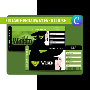 Bearbeitbares Theater Event Ticket Wicked Broadway Printable Ticket Vorlage Überraschungs-Einladung Theatertickets Musical Event Ticket