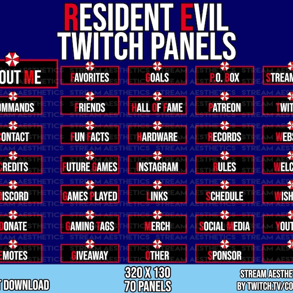 RE Twitch Panels - Set of 70 Umbrella Stream Panel Pack 320x130 for Streamer Channels - Ready to Upload
