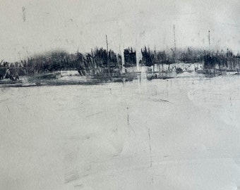 Norway Island - Charcoal Drawing of a Winter Scene with Frozen Lake