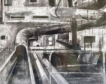 Charcoal Flume - Square Original Charcoal Drawing