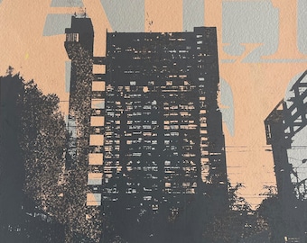 Limited Edition Silk Screen Print of Trellick Tower, London - 2-Colour Original Artwork, 39cm x 53cm, 2023