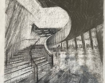 Original Charcoal Drawing of Tate Britain Blavatnik Building Interior - Signed Artwork 2023