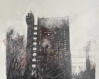 Original Graphite Drawing of Trellick Tower, London - 40cm x 53cm - Signed Artwork 2023