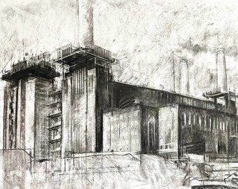 Industrial Evolution: The Changing Face of Battersea Power Station - Charcoal Drawing