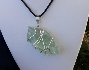 Natural Raw Green Fluorite Crystal, wrapped with Sterling Silver, comes with a 20" Black Bolo Necklace