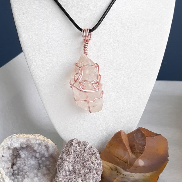 Natural Raw Clear Quartz Crystal wrapped in Rose Gold, Great Clarity, Rainbow Inclusions, comes with an 18" Black Bolo Necklace