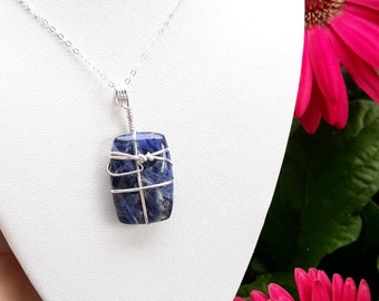 Natural Raw Sodalite Crystal Cabochon wrapped in Sterling Silver, comes with a 16" Sterling Silver Chain, Beautiful & Elegant