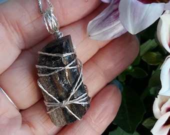 Natural Raw Petrified Wood Crystal/Stone, wrapped in Sterling Silver, comes with an 18" Black or Brown Bolo Necklace