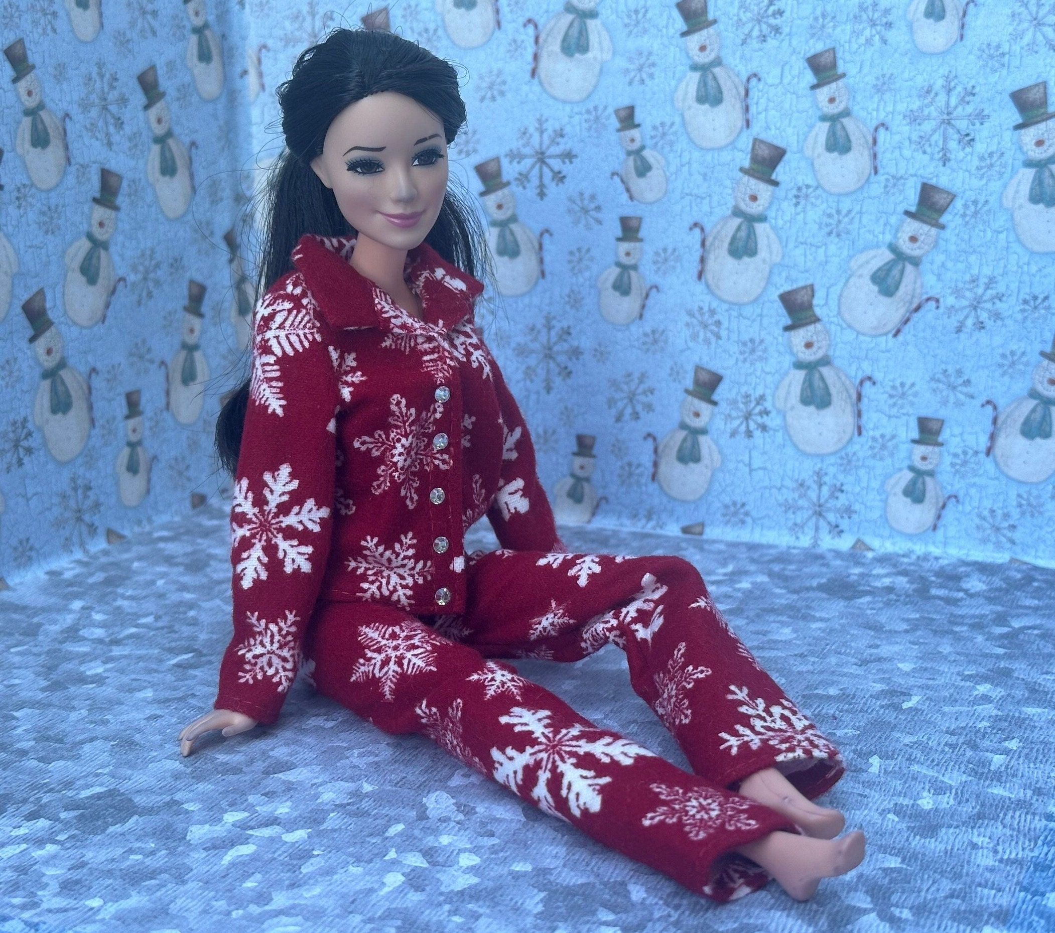 Handmade Fashion Doll Clothes 11.5 Fashion Doll Clothes for Regular, Curvy,  Ken and Sisters Blue Christmas Gingerbread Barbie Pajamas 