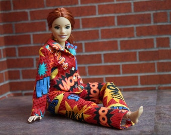 Handmade Curvy size Fashion Doll Clothes. Flannel Pajamas for Dolls.