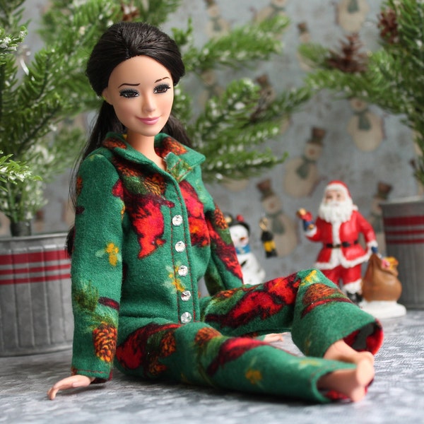 Handmade Fashion Doll Clothes. Christmas Flannel Pajamas for Dolls.