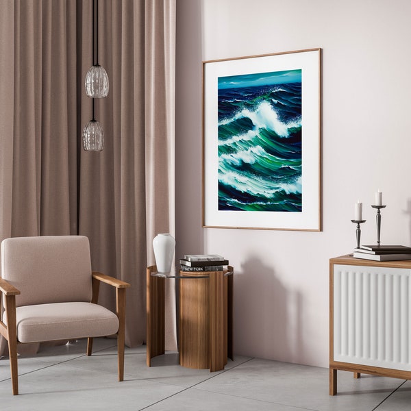 Ocean Waves Wall Art, Oil Painting Like, Nature Art Print, Living Room Decor, Digital Download, Coastal Landscape, Sea Waves, Affordable Art
