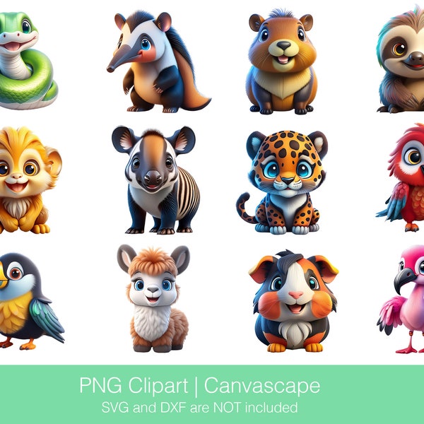 Baby Animals Clipart, Cute Animals, Digital Paper Craft, Anaconda, Anteater, Capybara, Sloth, Tamarin, Tapir, Jaguar, Macaw, Toucan, Llama