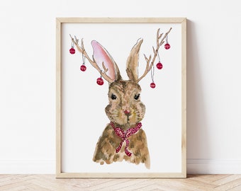 Christmas Animals, Bunny Rabbit Christmastime home decor, decorations, seasonal art, winter cute kids room, 8x10 11x14 Giclée art print