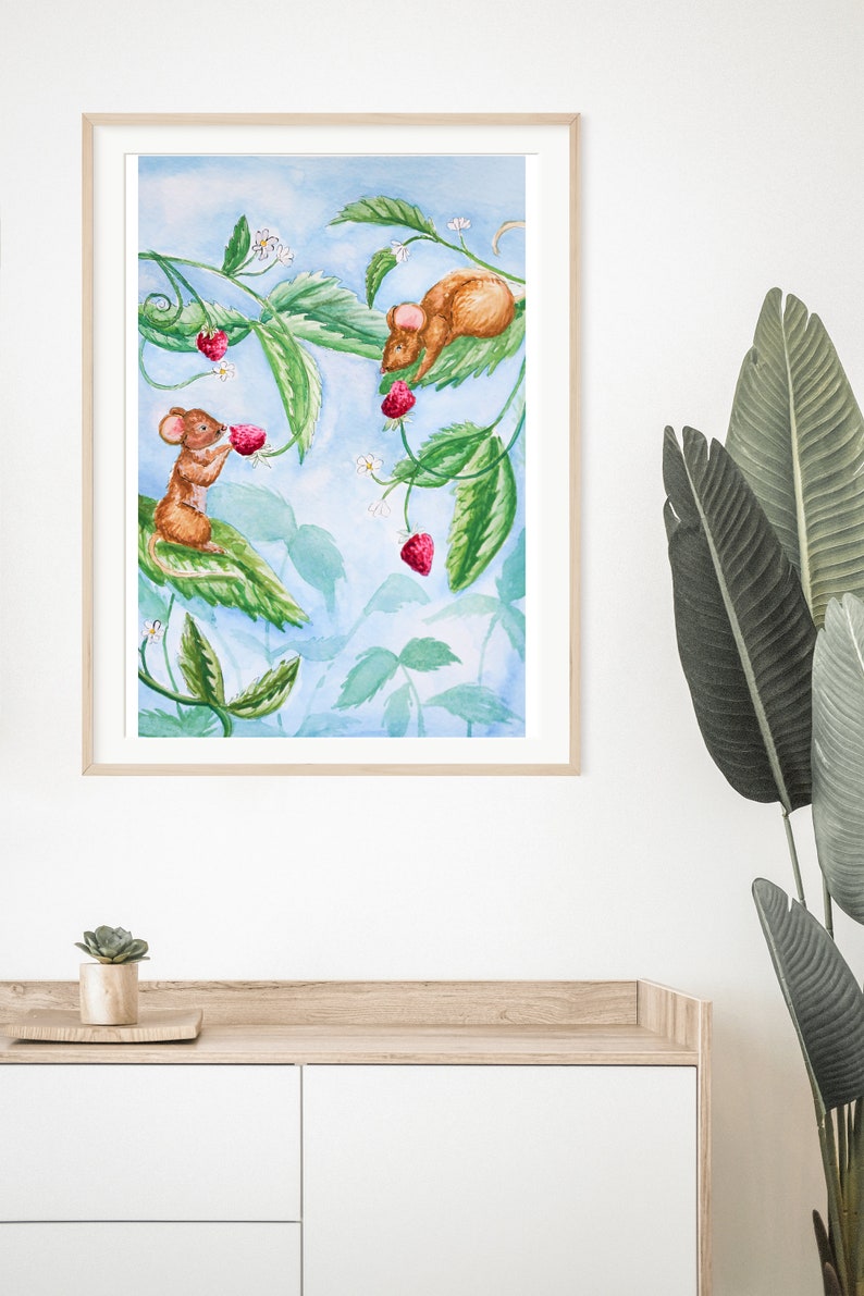 Mice Eating Strawberries on Leaves 8x10 Giclée Art Print, Nursery, Boy