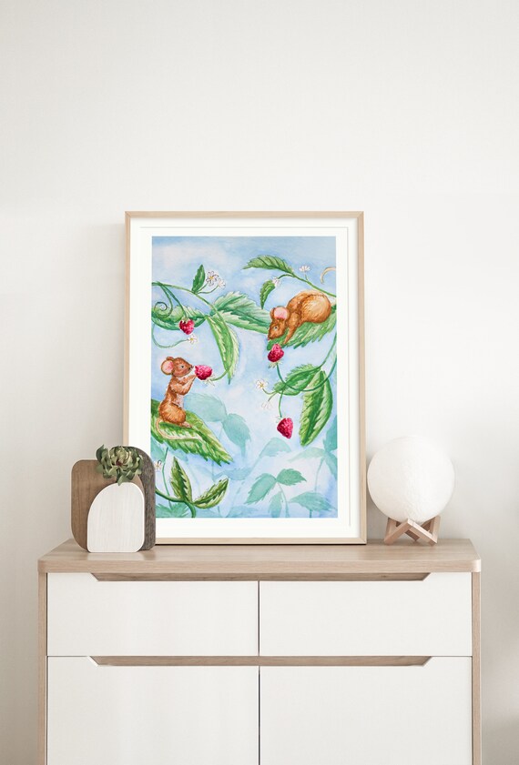 Mice Eating Strawberries on Leaves 8x10 Giclée Art Print Etsy