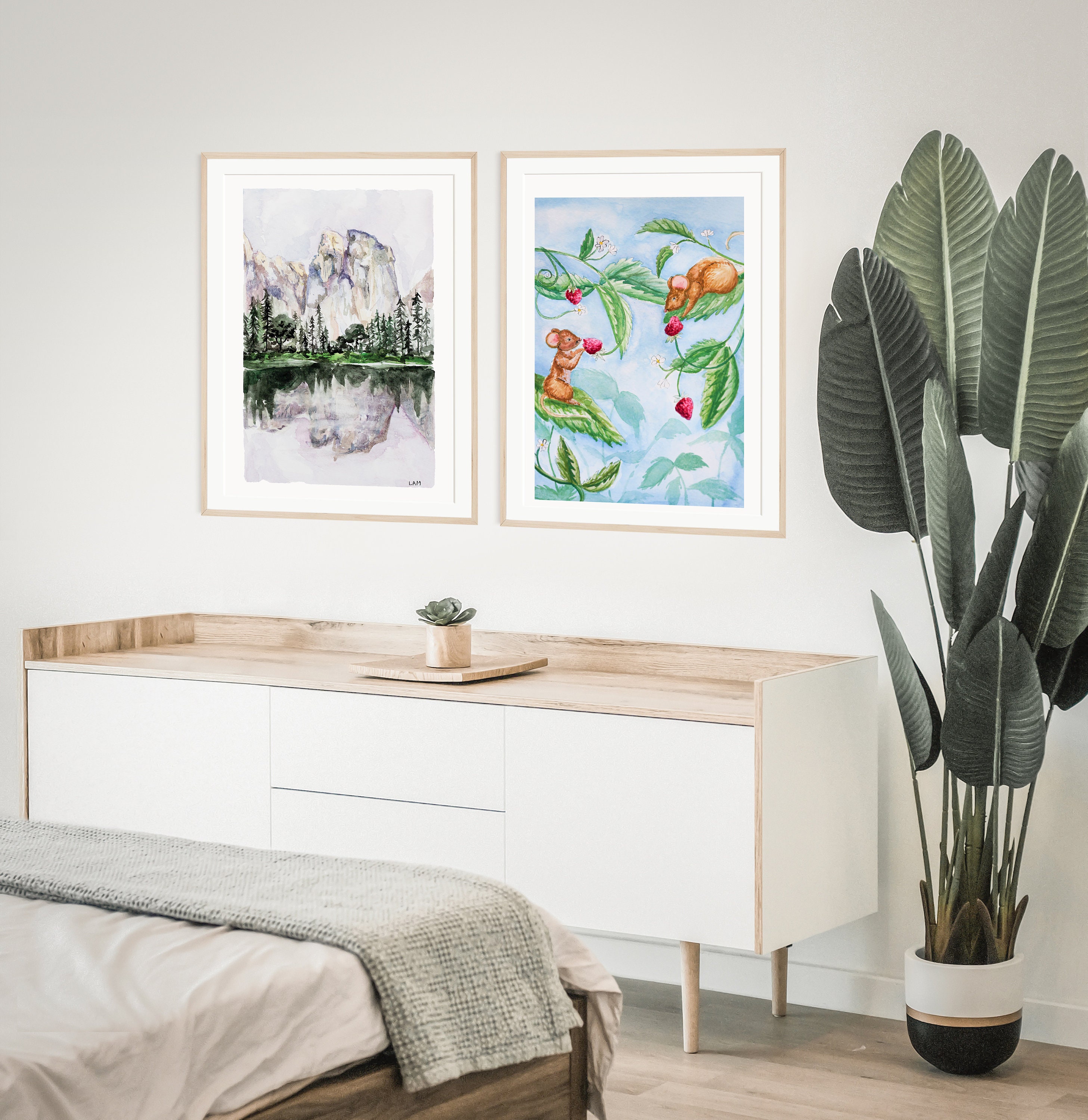 Mice Eating Strawberries on Leaves 8x10 Giclée Art Print, Nursery, Boy