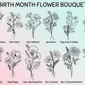 Puede incluir: Ilustraci&oacute;n en blanco y negro de ramos de flores de nacimiento. Cada ramo est&aacute; etiquetado con un mes y el nombre de la flor, incluyendo Claveles, Violetas, Narcisos, Margaritas, Lirio de los Valles, Rosa, Nen&uacute;far, Amapola, Gloria de la Ma&ntilde;ana, Cosmos, Crisantemo y Acebo.