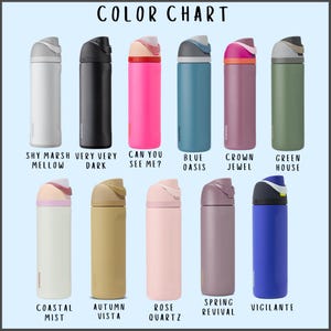 Puede incluir: Una carta de colores con once botellas de agua aisladas en varios colores, incluyendo blanco, negro, rosa, azul, morado y verde. Cada botella tiene una tapa abatible y est&aacute; etiquetada con un nombre de color. El texto "COLOR CHART" est&aacute; en la parte superior.