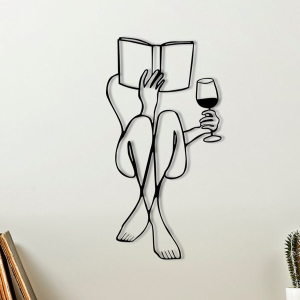 Women Reading a Book whit Wine, Metal Wall Decor, Book and Wine, Minimalist Line Art, Home Wall Art, Metal Wall Decor, Interior Design