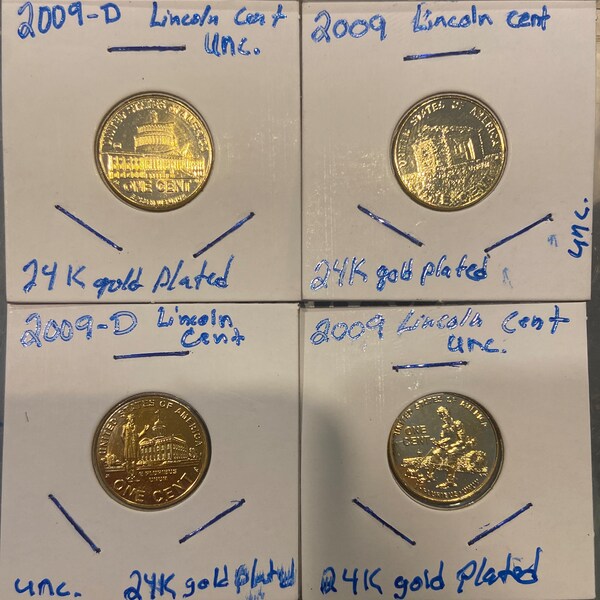 24k gold plated Pennies 4 different 2009 Lincoln cents+1g .999 fine silver bar Read description for details