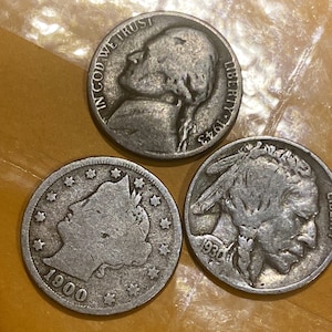 Buffalo Nickel + Liberty Nickel + Silver WWII Nickel 3 vintage USA Nickels
