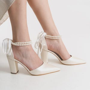 White Lace Pearl Bridal Shoes: Block Heel Wedding Pumps