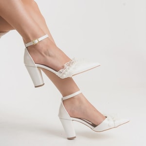 White Lace Pearl Bridal Shoes: Block Heel Wedding Pumps