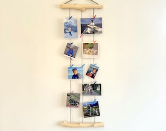 Handmade Twig Photo Display: Natural Wood Vertical Collage with Mini Pegs