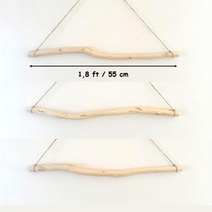 Può includere: Tre mensole sospese in legno naturale. Ogni mensola è realizzata con un ramo chiaro e curvo, sospeso da un filo sottile color argento. Il testo indica che la mensola è lunga 55 cm. Le mensole sono esposte su uno sfondo bianco.