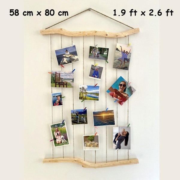 Cadre photo en bois avec branches d'arbre naturel, ficelle, présentoir de photos avec mini pinces verticales, décoration murale, cadeaux photo