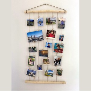 Grote natuurlijke houten fotolijst met mini pinnen touw fotodisplay verticale foto display geheugen fotolijst muur decor fotocadeaus