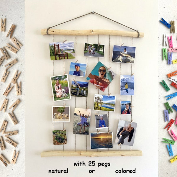 Cadre photo ficelle avec mini chevilles, présentoir photo en bois naturel, cadre vertical à mémoire de forme, décoration murale, cadeaux photo