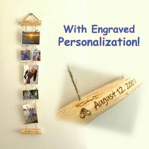 Personalized Photo Memory Frame Twine Photo Display with Mini Pegs Natural Wood Photo Frame with Engraved Text Hanging Pictures Display Gift