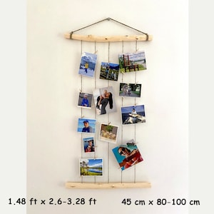 Moldura para fotos suspensa de 1,48 pés/45 cm de largura, moldura para fotos com memória, decoração de parede, barbante, exibição de fotos com mini pinos, moldura de madeira natural para colagem